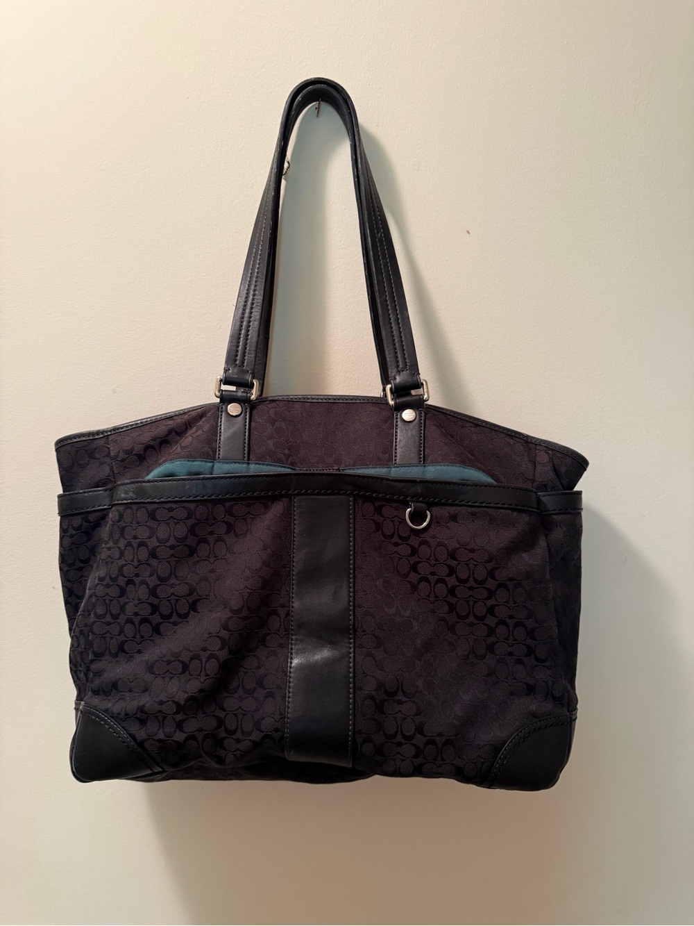 Coach Black Signature Tote with Teal Accent